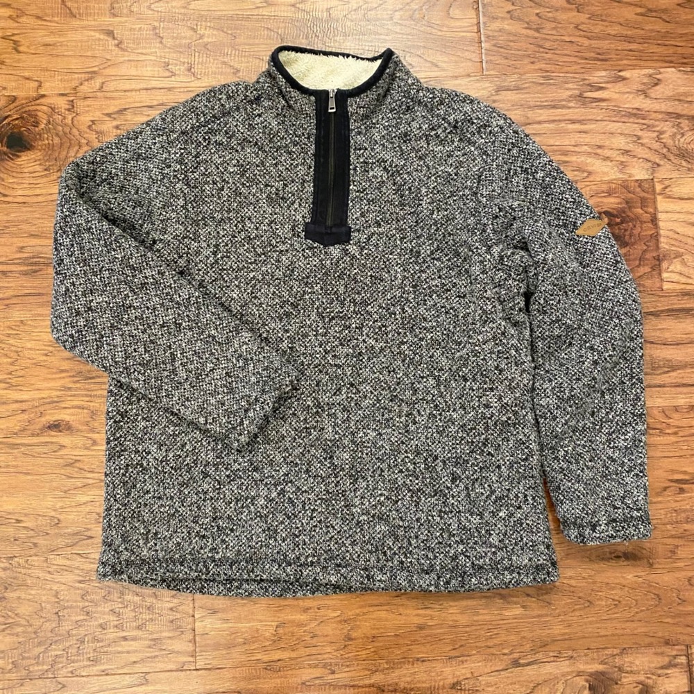 Orvis Quarter Zip Sherpa Lined Pullover Mens XL Black White Marled Knit Sweater